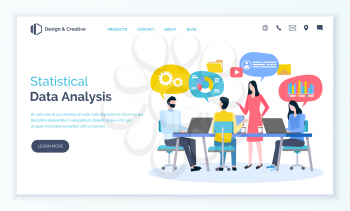 Statistical data analysis vector, people working on concept. Meeting of professionals sharing ideas and thoughts brainstorming character. Website or webpage template, landing page flat style