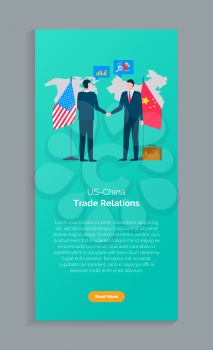 Partnership of USA and China, country representatives shaking hands, diplomatic meeting, commerce negotiations, trade relations, conference vector. Website or webpage template, landing page flat style