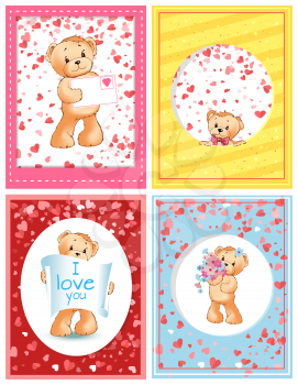 Bear plush toy with love letter valentines holiday vector. Celebration of special day for couples, i love you poster, hearts and greeting card set