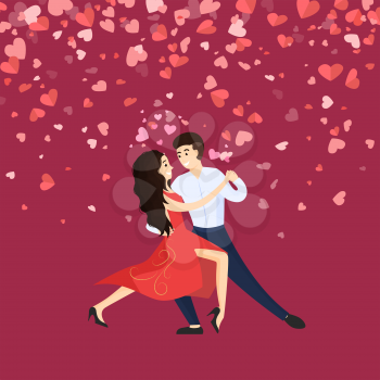 Dancers man and woman, Valentine day. Cartoon character couple dancing vector. Card decorated by hearts, girl in dress and man in suit, romantic dance vector