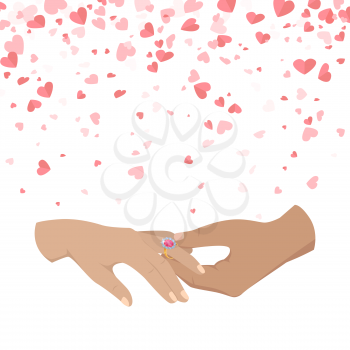 Man making proposal two woman, vector hands isolated on white background with pink hearts. Male and female arms, ring with diamond on finger, happy couple