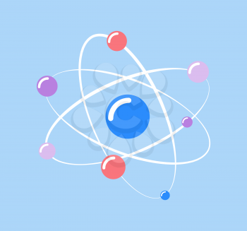 Atom  and small particles isolated icon of chemical element vector. Molecular structure, protons and neutrons moving on spiral, scientific research info