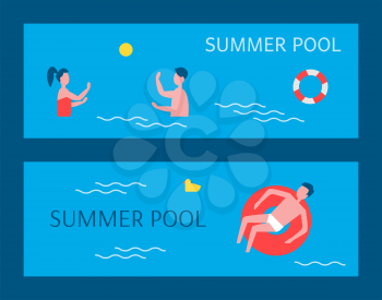 Summer pool posters set with text. People having fun in basin, man floating on water surface in lifebuoy couple playing active games underwater vector