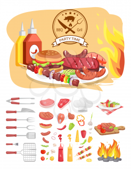 BBQ grill party time poster with text. Hamburger and roasted meat, vegetables and utensils, flatware isolated icons vector. Sauces and served dishes