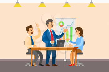 Business meeting, people sitting at table and discussing reports with graphs and charts. Work in team concept, boss and executive workers, interior design