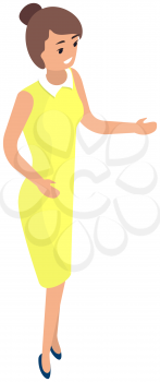 Girl dressed in yellow dress isolated on white background. Female character speaks, tells to someone. Woman is explaining something. Lady is talking. Smiling person isometric vector illustration