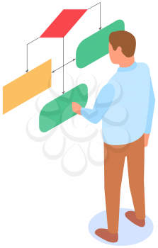 Man looking at whiteboard with schemes vector, programmer examining charts and info on board. Male character is considering color block diagram with information, analyzes data, research project
