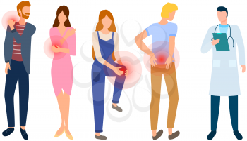 Sad people suffering from pain in joints. Painful sensations of sick people. Men and women grabs their hands to sore knee, elbow, back, shoulder. Patients with sore joints in consultation with doctor