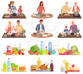 Set of illustrations about vegetarian food. Proper nutrition, healthy lifestyle and vegetarianism concept. Process of cooking meal. Natural organic ingredients. People cook natural meatless meals