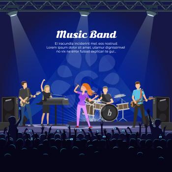 Music band singers and musicians with instruments vector. People playing on stage, vocalist and guitarist, drummer and bass player performing for fans