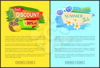 Best summer sale 30 percent posters set vector. Pineapple and sunglasses with flowers and palm leaves. Discount and seasonal sales, price reduction
