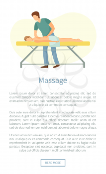 Massage web poster masseuse making relaxing movements on back. Male lying on table in spa salon vector healthcare concept, medical treatment procedure