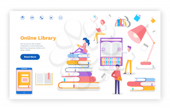 Online library access to books printed materials vector. Lightbulb in lap, website with information, book and readers studying new subjects for exam