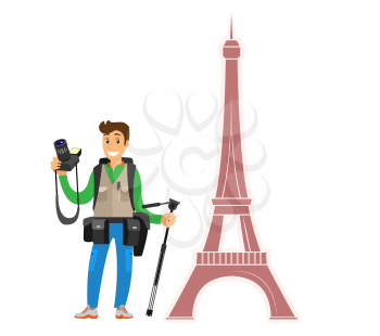Photographer holding camera, male shooting Paris vector. Professional with special equipment and devices technology for making photos French scenes
