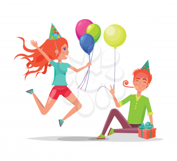 People celebrating birthday, man sitting on floor with party horn in mouth, in festive hat vector. Woman jumping with balloons, isolated characters