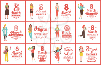 Womens day celebration vector, greeting posters with text and women holding bouquets. Feminine ladies with roses and tulips, blooming and foliage. 8 March set