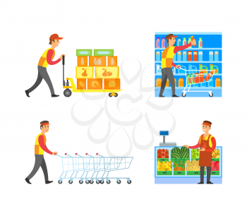 Supermarket stores male workers at work vector. Shopping trolley carts with handle arrangement fruits department with melon and apples. Milk and juice