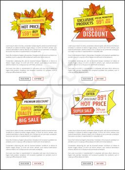 Premium exclusive offer buy now posters set with oak leaves. Vector autumn sale banner, yellow foliage. Best choice special promo discount on Thanksgiving day