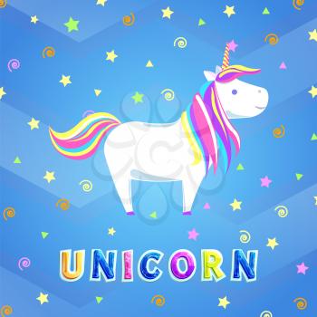 Unicorn with rainbow mane and sharp horn. Mysterious horse from fairy tales or legends. Childish animal character vector isolated on backdrop with stars