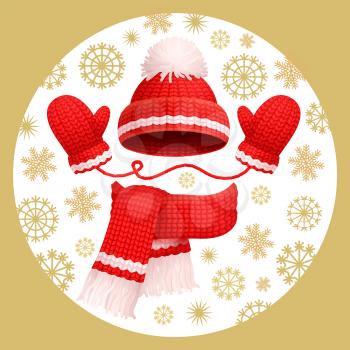 Warm 3 pieces set winter red knitted scarf, mittens and hat with pom-pom, vector. Thick woolen accessories, beanie and gloves on snowflakes backdrop