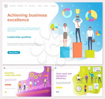 Achieving business excellence, essential leadership skills, team work and workplace efficiency vector. Posters with text businessman and businesswoman