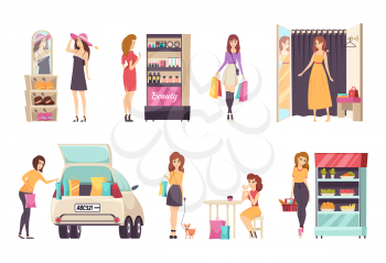 Females shopping at stores and purchasing clothes, dresses and hats. Cosmetics and food shop, car with paper bags, lady with toy dog walking vector