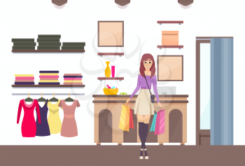 Shopping woman with bags in brand boutique vector. Purchases fashionable clothes, shop interior decor and shelves with luxury products. Changing room