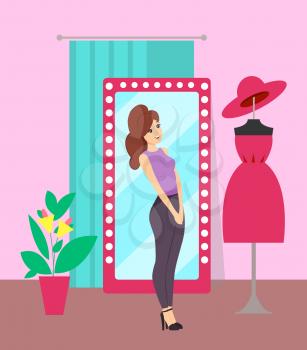 Woman looking at mannequin with dress in clothes store vector. Lady shopping, buying new clothing and hat. Shop with changing room, mirror and plant