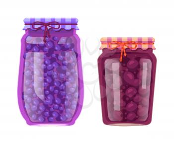 Blueberry and plum preserved natural food in jar. Berries or fruits inside glass containers saved for winter. Canned product vector illustrations.