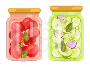 Preserved food in jars, vegetables with bay leaves. Tomatoes and cucumbers, onions or dill. Products conservated for winter vector illustrations set.
