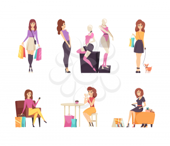 Shopping woman choosing clothes and boots isolated set vector. Female walking with dog carrying bags, lady eating cakes in cafe. Person trying shoes