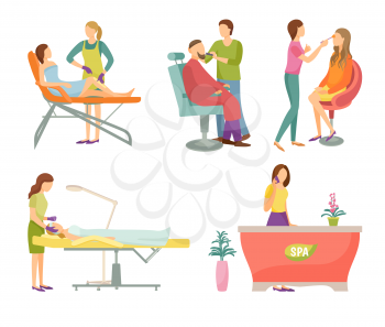 Spa salon visagiste face care and makeup, cosmetician and barber. Isolated icons set, wax epilation, receptionist woman by table and clients vector