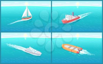 Water transport traveling vessels ships vector. Set of boats, inflatable and with motor engine for quick travel. Voyage by sea and ocean. Cruise liner