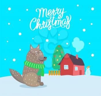 Merry Christmas wolf wearing scarf poster with greeting text vector. House with smoke coming out from chimney, evergreen pine tree decorated with toys