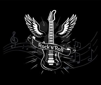 Rock'n'roll music style, guitar with wings monochrome sketch outline vector. Winged musical instrument, jazz rock sounds. Notes on sheet, tablature