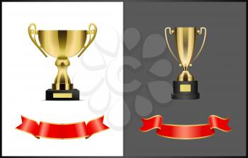 Gold award cups and ribbons for signature, different form trophy for competition reward isolated. Vector prize attributes, golden bows on stand