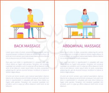 Back and abdominal care massage posters with text sample vector. Treatment and therapy done by masseuses, man lying on table with towel and relaxing