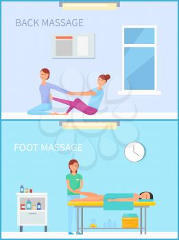 Back and foot treatment in salon done by masseuses. Relaxation and massage methods in room with furniture and special table for people to lay vector