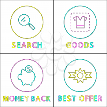 Best offer clearance posters set. Searching for great goods in internet, order and get money back. Clearance online shopping, vector illustration