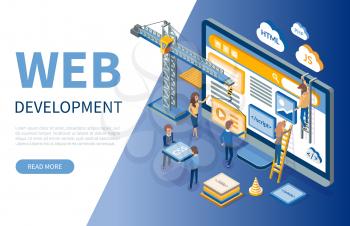 Web development, developers optimizations of sites vector. Programming of application, script writing, programmers coding scripts with html and css