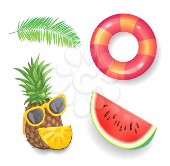 Pineapple and sunglasses isolated icons vector. Rubber lifebuoy and branch of tropical plant, watermelon fruit slice. Sunshades with tropical product