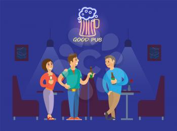 Woman with cocktail and men with beer standing in good pub decorated by neon light. People speaking and drinking alcohol, relaxing of friends vector