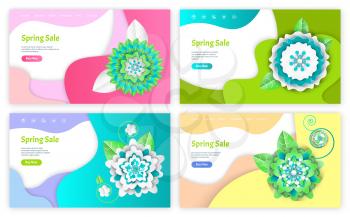 Spring sale web pages with text sample and buttons vector. Reduction of price, ecommerce online business, origami decoration flowers made of paper