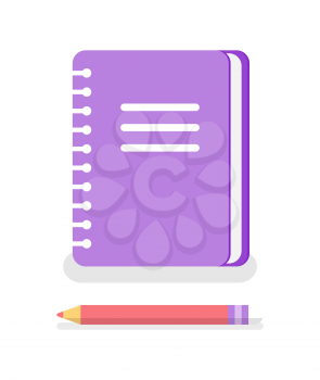 Notebook with spiral to write memos and pencil isolated vector icons. Study supplies for university and school, copybook with personal information, textbook