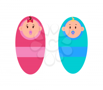 Two cute little babies, color vector illustration isolated on white background, pretty boy and girl in pink and blue clothes with single big stripe