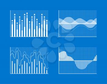 Angular curves, tall bars and waves with apexes isolated monochrome vector illustrations set. Statistical and analytical monochrome graphics set.