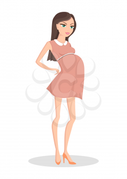 Pregnant woman in elegant dress colorful poster, cute girl with long legs, pretty orange heeled shoes, brown hair, big green eyes, vector illustration