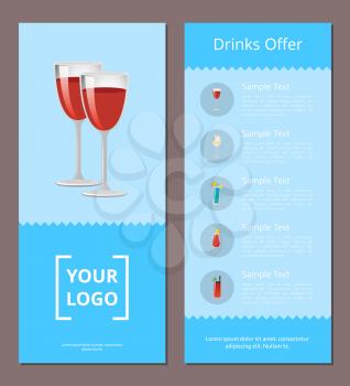 Drinks offer cocktails menu poster with pair of red wine glasses, list of cocktail names with prices and ingredients, big choice of alcohol drinks vector