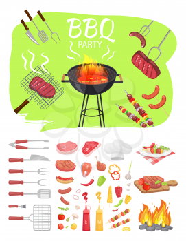 BBQ party poster barbeque. Grilling meat, skewers brochettes and roasted sausages on fork. Flatware with vegetables sauce and served meals vector