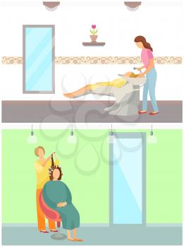 Hair styling washing and haircut set vector. Beauty salon and service of hairdresser, changing of color and haircut. Waving and curling of client